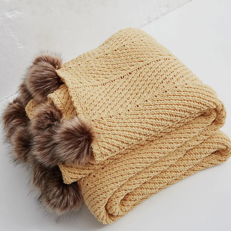 Inyahome-Fur Pom Pom Knitted Throw Blanket, Super Soft Warm Cozy Cable Knitted Nordic Blanket for Sofa and Couch, 51x63 Inch